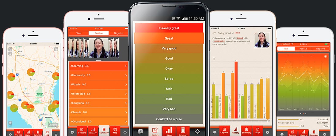 Five iPhones with iMoodJournal 5 iPhones iMoodJournal screens